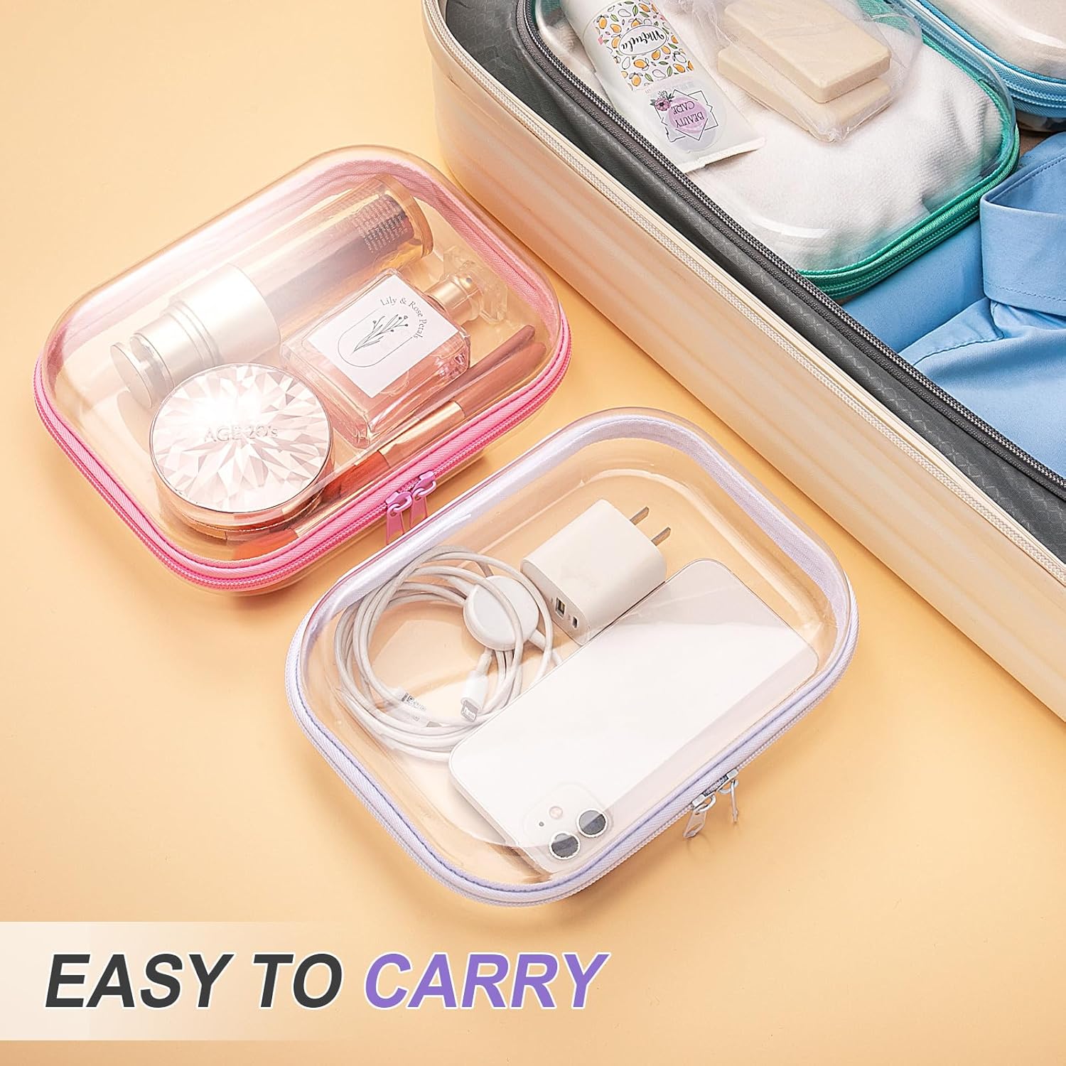 Sanwuta 6 Pcs Clear Hard Zipper Case Pencil Pouches Hard Plastic Zipper Pouches Makeup Bag Transparent Cases for Snacks Plastic Storage Organizer Box for Travel(Assorted Color,7.87 x 5.9 x 2 Inch)-FemmiqueWomen