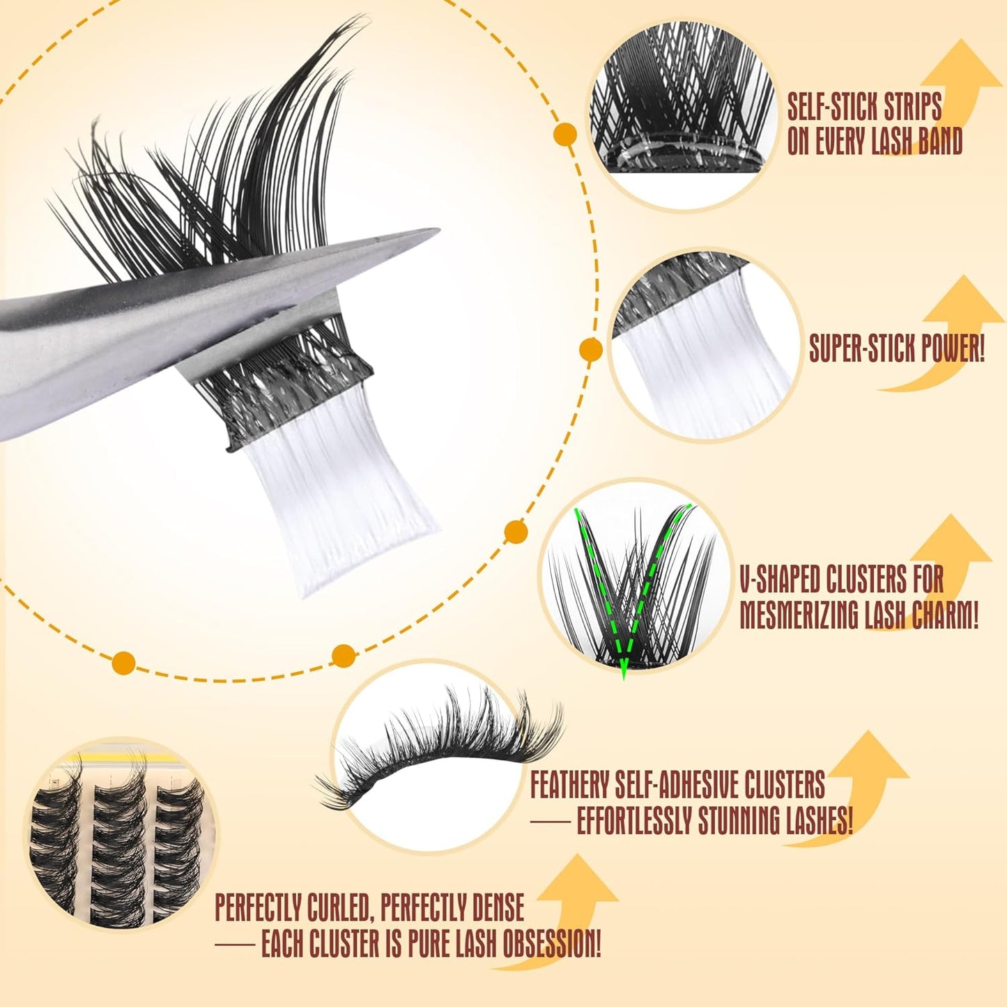 Self Adhesive Lash Clusters Natural No Glue Eyelashes Pre-glued Cluster Eyelash Extensions Wispy Reusable Self Adhesive Eyelash Clusters 120Pcs 10MM-18MM-FemmiqueWomen