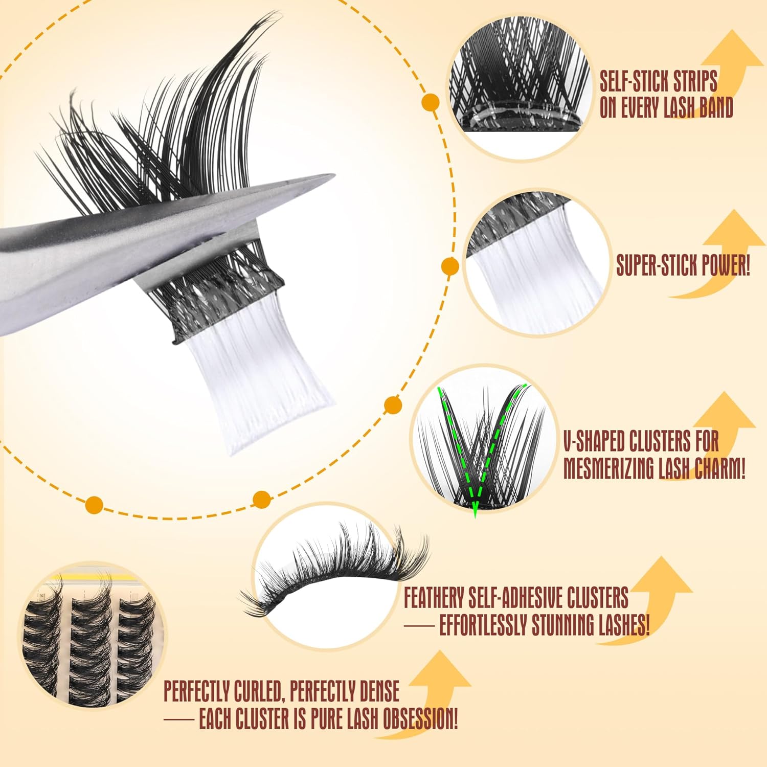 Self Adhesive Lash Clusters Natural No Glue Eyelashes Pre-glued Cluster Eyelash Extensions Wispy Reusable Self Adhesive Eyelash Clusters 120Pcs 10MM-18MM-FemmiqueWomen