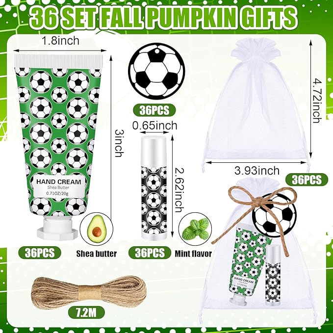 36 Sets Soccer Lip Balm Hand Cream Set soccer Party Favors, Include 36 Lip Balm 36 Moisturizing Hand Cream 36 Bags 36 Cards and Ropes for Soccer Accessories Gifts-FemmiqueWomen