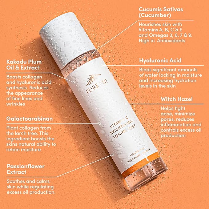Pure Fiji Face Toner Mist with Vitamin C for Brightening & Refreshing Antioxidant Face Mist Hydrating Spray Helps Even Skin, Smooths Fine Lines and Wrinkles (4.4oz/130ml)-FemmiqueWomen