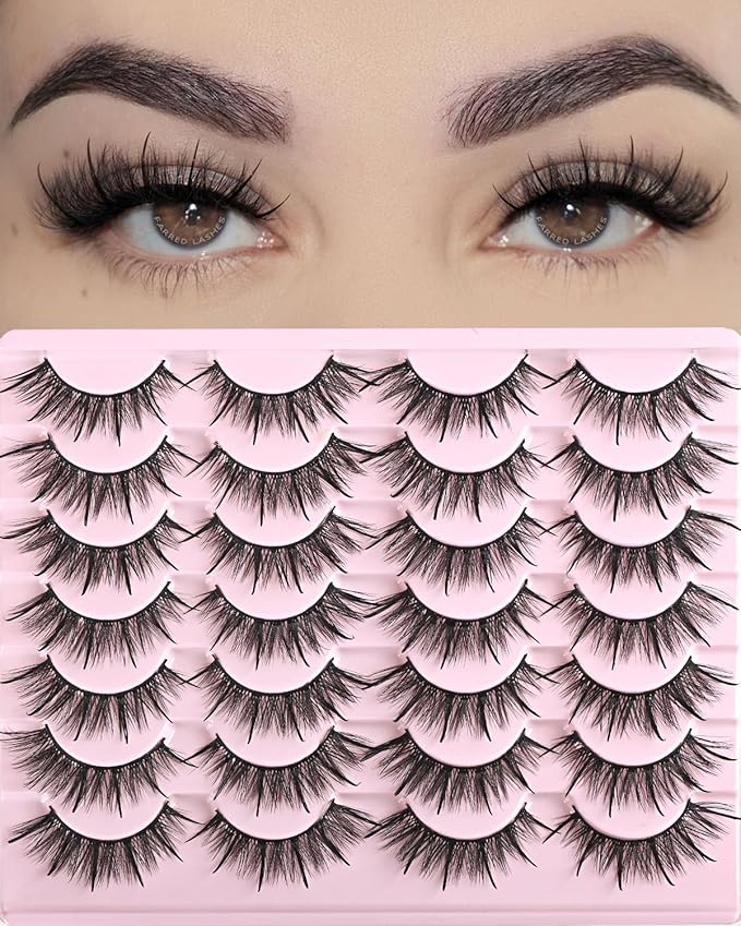 FARRED Wispy Lashes Hybrid Mink Eyelashes 14 Pairs Short Cat Eye Natural Fluffy False Eyelashes Faux Mink Strip Eye Lashes Pack for Daily Makeup (F17 | 8-16 mm)-FemmiqueWomen