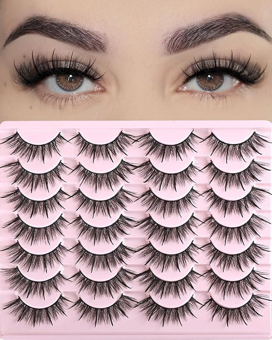 FARRED Wispy Lashes Hybrid Mink Eyelashes 14 Pairs Short Cat Eye Natural Fluffy False Eyelashes Faux Mink Strip Eye Lashes Pack for Daily Makeup (F17 | 8-16 mm)-FemmiqueWomen