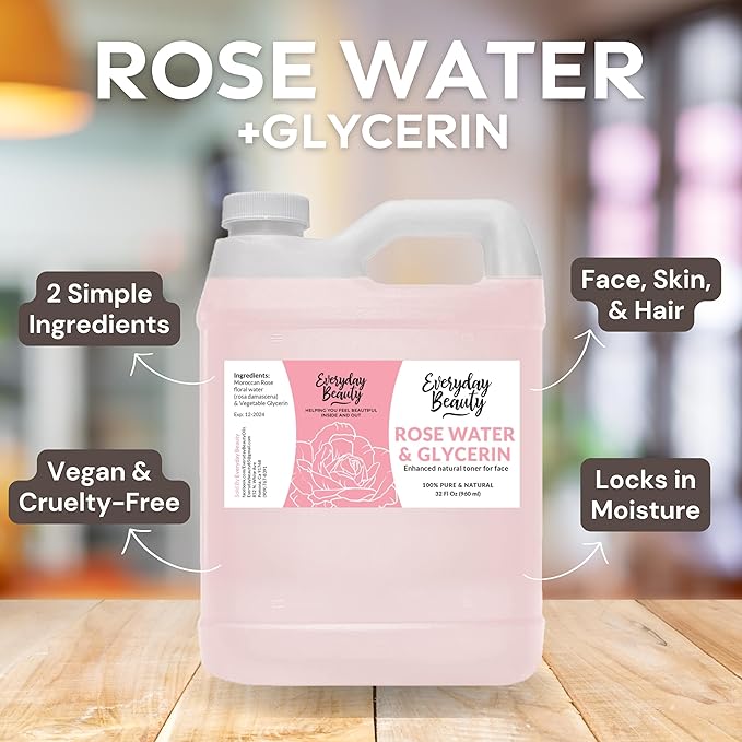 Rose Water & Glycerin Enhanced Facial Toner - 32oz Bulk Alcohol-Free Vegan All Natural Refreshing for Face and Hair - Uplifts, Calming & Soothing for All Skin Types…-FemmiqueWomen