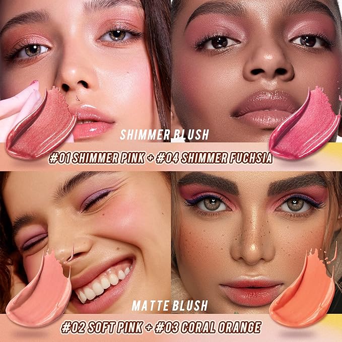 2 Pcs Cream Blush Stick Makeup Kit, Natural Shimmer & Matte Stick Blush Wand for Cheeks, Lightweight Blendable Silky Cream Blush Makeup -Shimmer Blush (#01 Shimmer Pink #04 Shimmer Fuchsia)-FemmiqueWomen