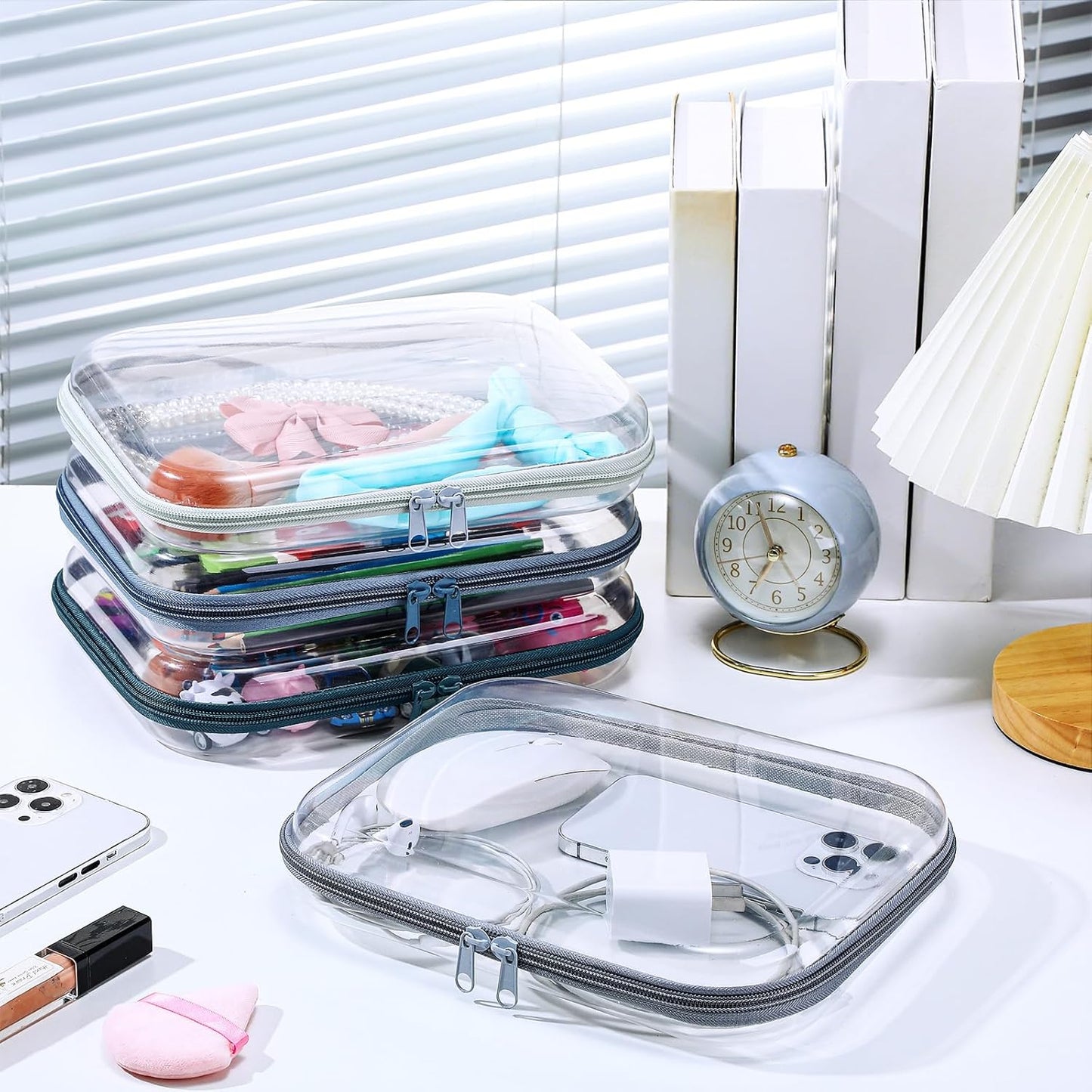 Hoolerry 4 Pcs Hard Clear Zipper Case Makeup Bags Plastic Pencil Pouch Transparent Storage Box Containers for Cosmetics, Snacks, Building Blocks, Puzzles(Morandi,9.8 x 7.9 x 2 in)-FemmiqueWomen