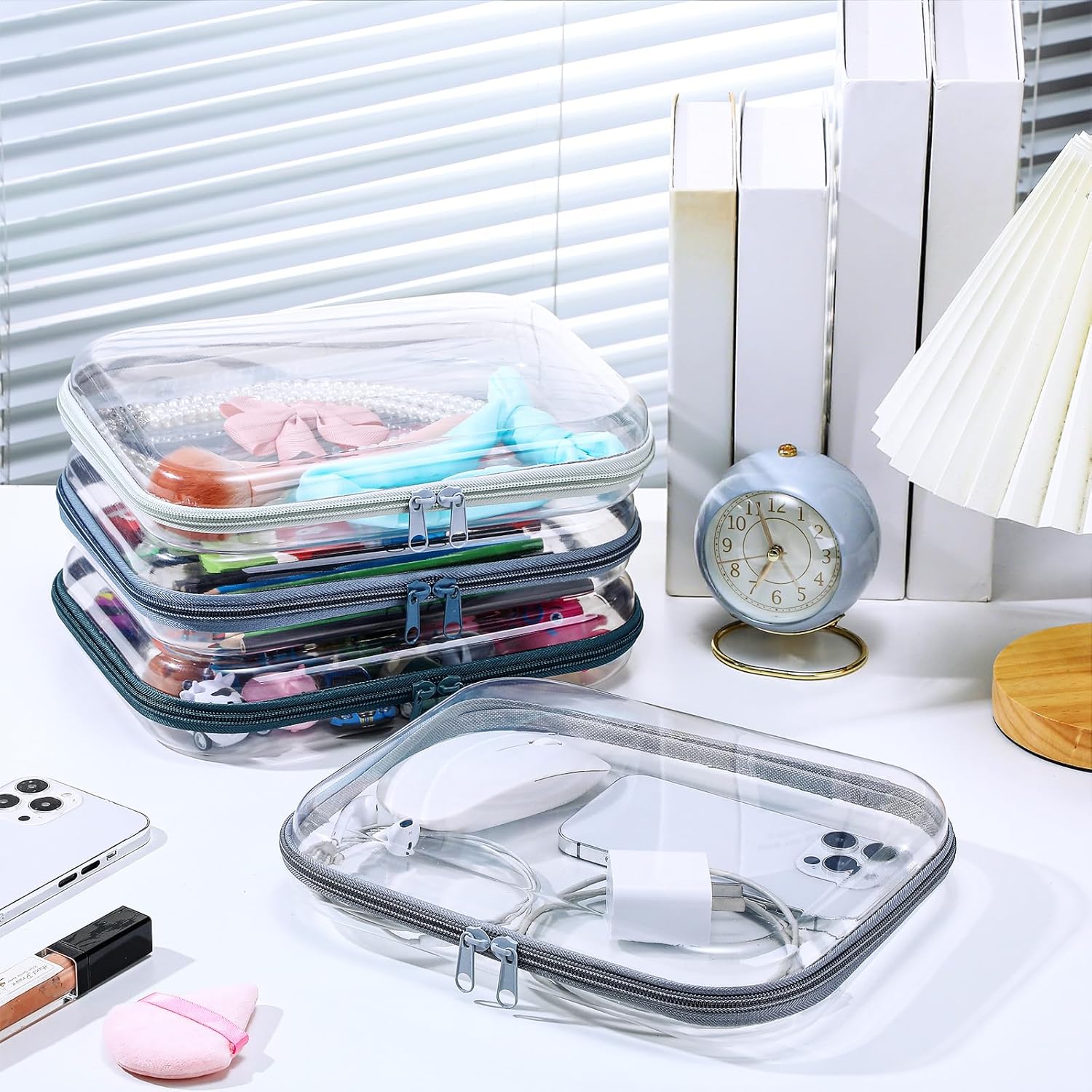 Hoolerry 4 Pcs Hard Clear Zipper Case Makeup Bags Plastic Pencil Pouch Transparent Storage Box Containers for Cosmetics, Snacks, Building Blocks, Puzzles(Morandi,9.8 x 7.9 x 2 in)-FemmiqueWomen