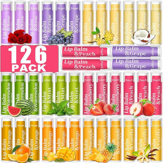 126 Pcs Lip Balm Bulk, 12 Flavored Pack of Lip Balms Natural Lip Balm Pack Moisturising Organic Lip Balm Set for Cracked Lips, Bulk Gifts Stocking Stuffers Party Favors(4.2g/0.15oz)-FemmiqueWomen