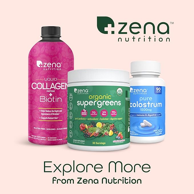 Zena Nutrition Liquid Collagen Peptides and Biotin, 2500mg Verisol Bioactive Collagen Peptides, 5000mcg Biotin, Hair, Skin, Nail Supplement for Women and Men, Mixed Berry, 60 Servings, 20.3 fl oz-FemmiqueWomen
