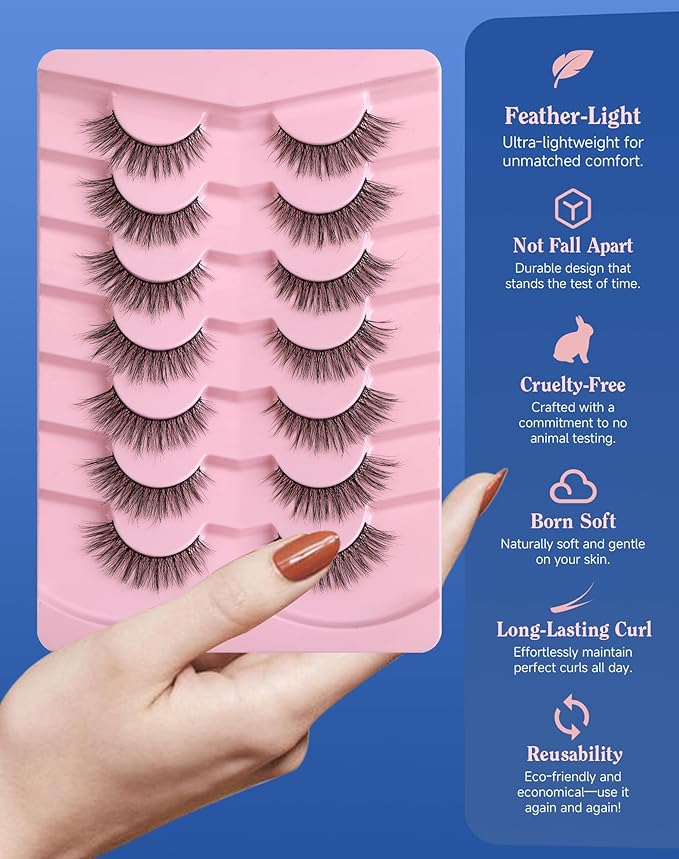 Natural Lashes Wispy False Eyelashes Strip Flared Natural Look Eyelash CatEye Lash Soft Lashes Fluffy Mink Eyelash Pack 7 Pairs 16MM D76-FemmiqueWomen