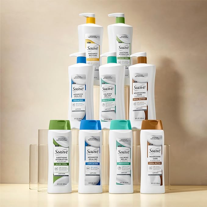 Suave Calming Relief Hand & Body Lotion for Women With Prebiotics For Sensitive Skin, Fragrance & Allergen Free, Helps Restore Skin's Moisture Barrier, 18 FL OZ, 6 Pack-FemmiqueWomen