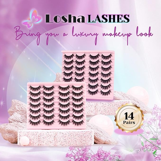 Losha Lashes Fluffy False Eyelashes 5D Volume Eye Lashes 14 Pairs Vegan Fake Eyelashes Soft Faux Mink Lashes Pack (Thrives Only)-FemmiqueWomen