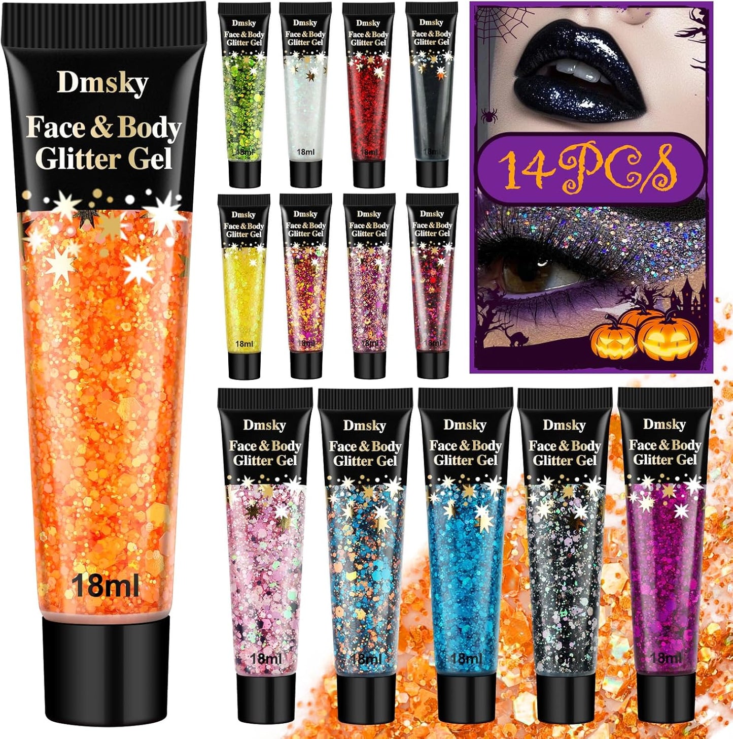 14 Colors Body Glitter,Face Glitter Makeup for Kids Women,Sparkly Chunky Hair Glitter for Eye Lip Nails,Mardi Gras Glitter Makeup Face Paint,Singer Concerts Disco Rave Festival Accessories-Hallowmas-FemmiqueWomen
