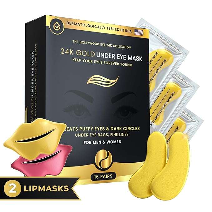 16 Pairs Gold Under Eye Patches with 2 pieces of Lip Mask | Under Eye Mask Dark Circles and Puffiness | Wrinkles Patches with Hydrogel | Collagen Eye Pad-FemmiqueWomen