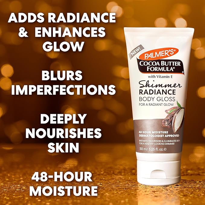 Palmer's Cocoa Butter Formula Shimmer Body Lotion with Vitamin E, 5.25 Fl Oz, Radiance Body Gloss, Help Blur Veins, Cellulite, Marks, 48 Hour Moisture-FemmiqueWomen