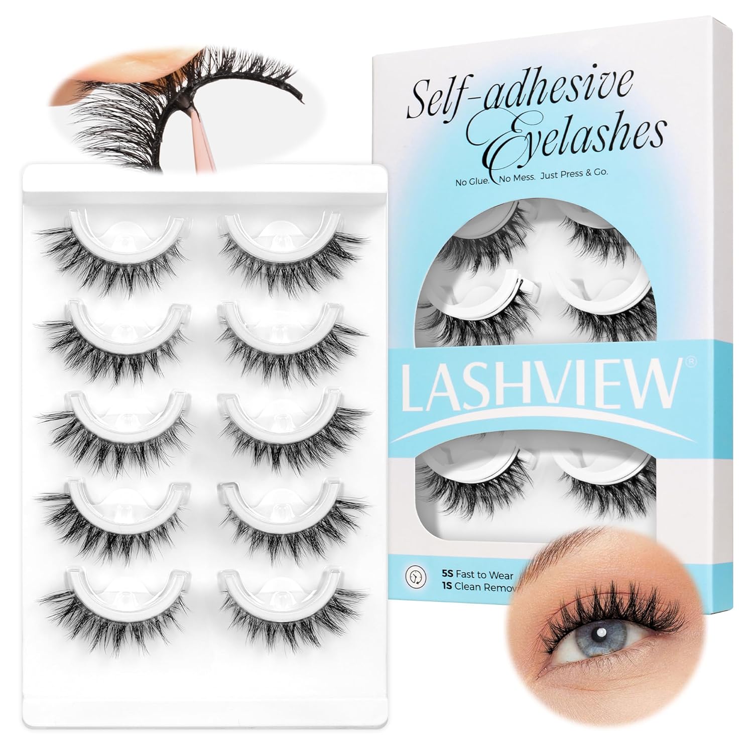 LASHVIEW Self Adhesive Eyelashes 5 Pairs Cat Eye Wispy Self-adhesive False Lashes Reusable Natural Look Press On Lashes No Glue Need Eyelashes with Replacement Adhesive Strips (CV105)-FemmiqueWomen