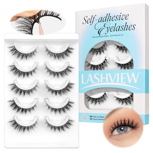 LASHVIEW Self Adhesive Eyelashes 5 Pairs Cat Eye Wispy Self-adhesive False Lashes Reusable Natural Look Press On Lashes No Glue Need Eyelashes with Replacement Adhesive Strips (CV105)-FemmiqueWomen