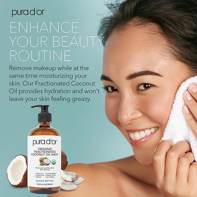 PURA D'OR 16.9 Oz ORGANIC Fractionated Coconut Oil MCT Oil (GLASS BOTTLE) 100% Pure & Natural USDA Certified Cold Pressed - Unscented, Hexane Free Moisturizer For Face, Skin & Hair Tonic - Men & Women-FemmiqueWomen