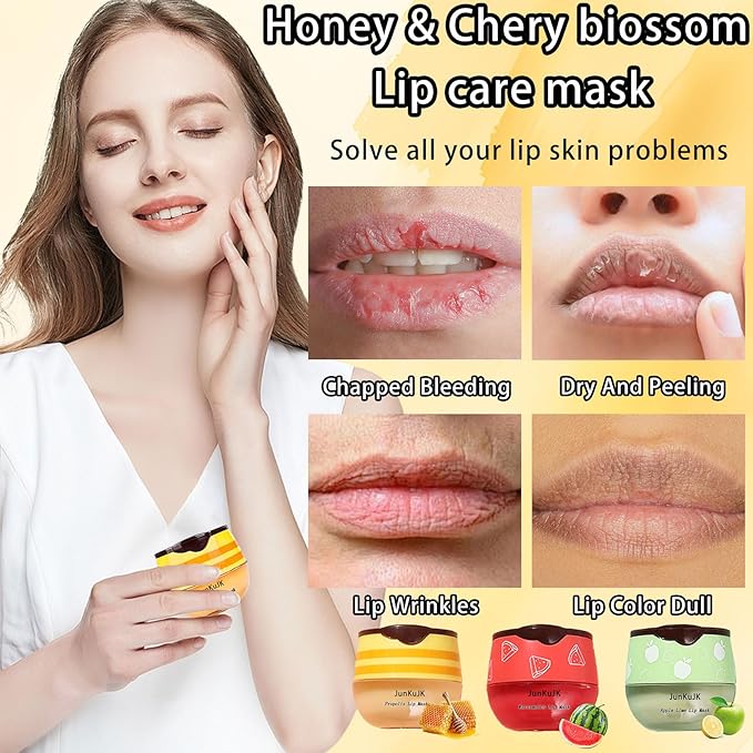 3 Pcs Bee Lip Balm Honey Pot with Stick,Moisturizing Lip Mask Overnight,Day and Night Tinted Sleeping Lip Balm,Hydrating Lip Scrubs Exfoliator & Moisturizer-FemmiqueWomen