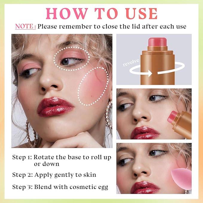 3PCS Blush Stick for Cheeks,Multi-use Solid Matte Makeup Stick Blush Cream for Cheek Eyes and Lips Tint,Moisturizing Tinted Cream Blush,Natural Blendable Cheek Blusher with 3 Makeup Sponges A4-FemmiqueWomen