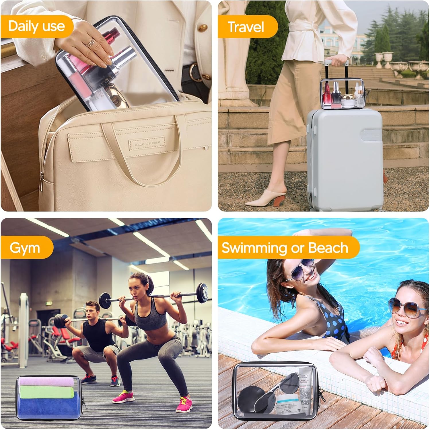 3Pcs Clear Zipper Pouch, PVC Plastic Cosmetic Travel Bag, Portable Travel Organizer Bins, Durable Makeup Bags for Storage, Pencil Case(Black-13.8+9.9+7.5inch)-FemmiqueWomen