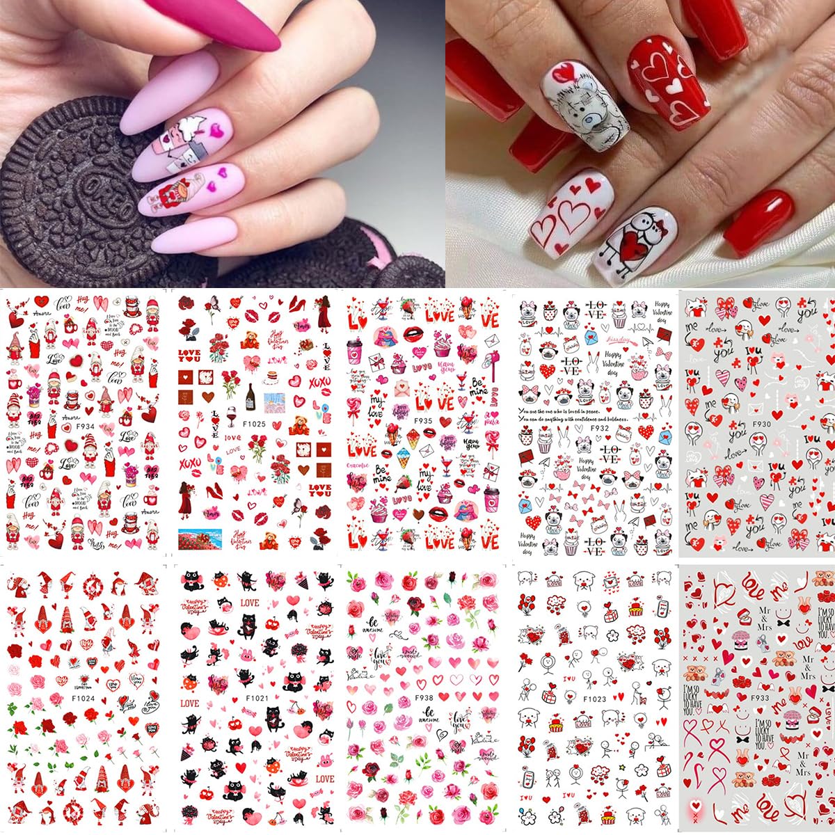 10 Sheets Valentines Day Nail Art Stickers 3D Heart Nail Decals Self-Adhesive Nail Art Design Decals Nail Supplies Red Pink Rose Sexy Lips Love Gnome Nail Stickers for Women DIY Manicure Decoration-FemmiqueWomen