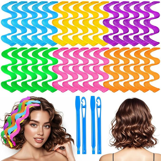 30 Pcs Heatless Hair Curlers Wave Curls Styling Kit with 2 Pcs Styling Hooks, No Heat Hair Curlers Heatless Wave Curlers for Women Girls Short Hair (6 Colors, 25 cm/9.84 inch)-FemmiqueWomen