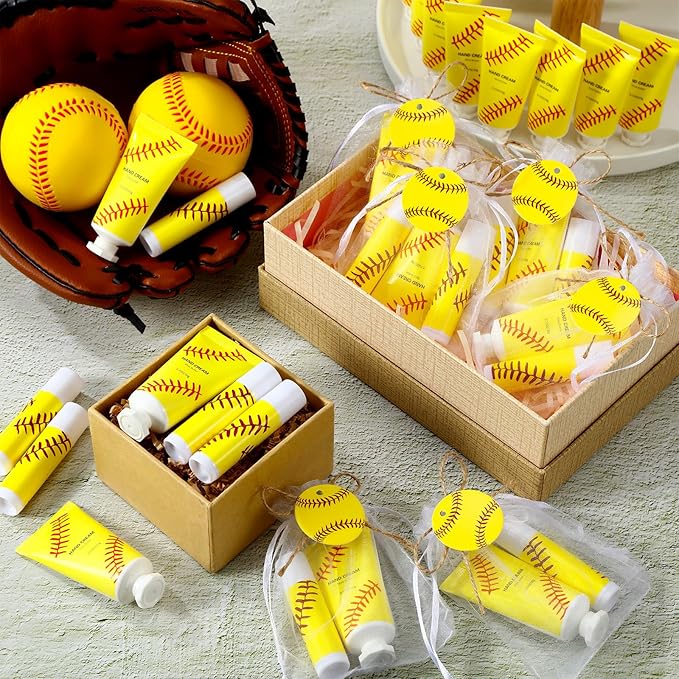 144 Pcs Softball Lip Balm Hand Cream Set Softball Accessories Softball Party Favors Including 36 Softball Lip Balm 36 Moisturizing Hand Cream 36 Bags 36 Softball Cards and Ropes for Kids Gifts-FemmiqueWomen