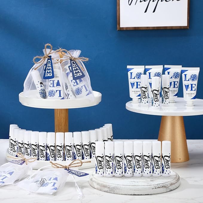144 Pcs Blue Cheer Favors Natural Bulk Lip Balm and Hand Cream Set, Include 36 Lip Balm 36 Moisturizing Hand Cream 36 Bags 36 Card and Rope cheer accessories for Team Sports Party Supplies-FemmiqueWomen