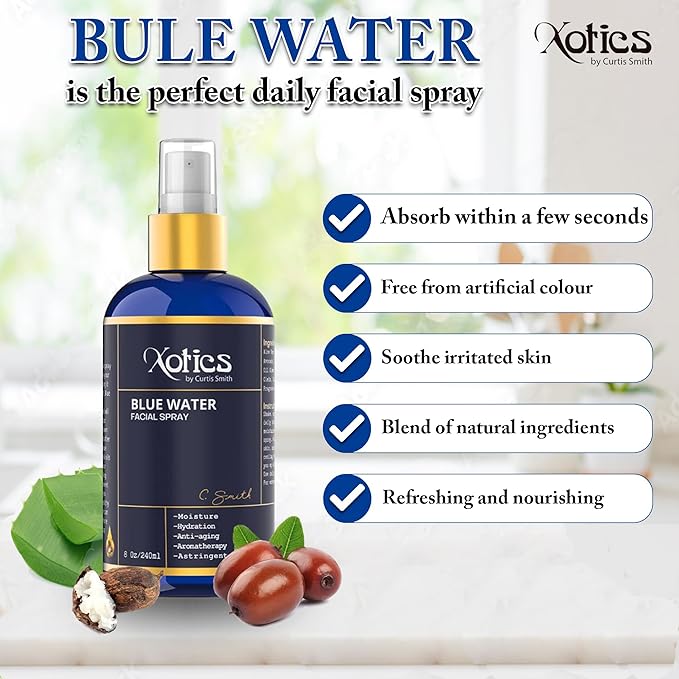 Xotics Blue Water Facial Spray - 8oz - Hydrating Face Mist with Aloe Vera - Refreshing Toner for Men & Women, Aftershave, Daily Moisturizing Splash for All Skin Types-FemmiqueWomen