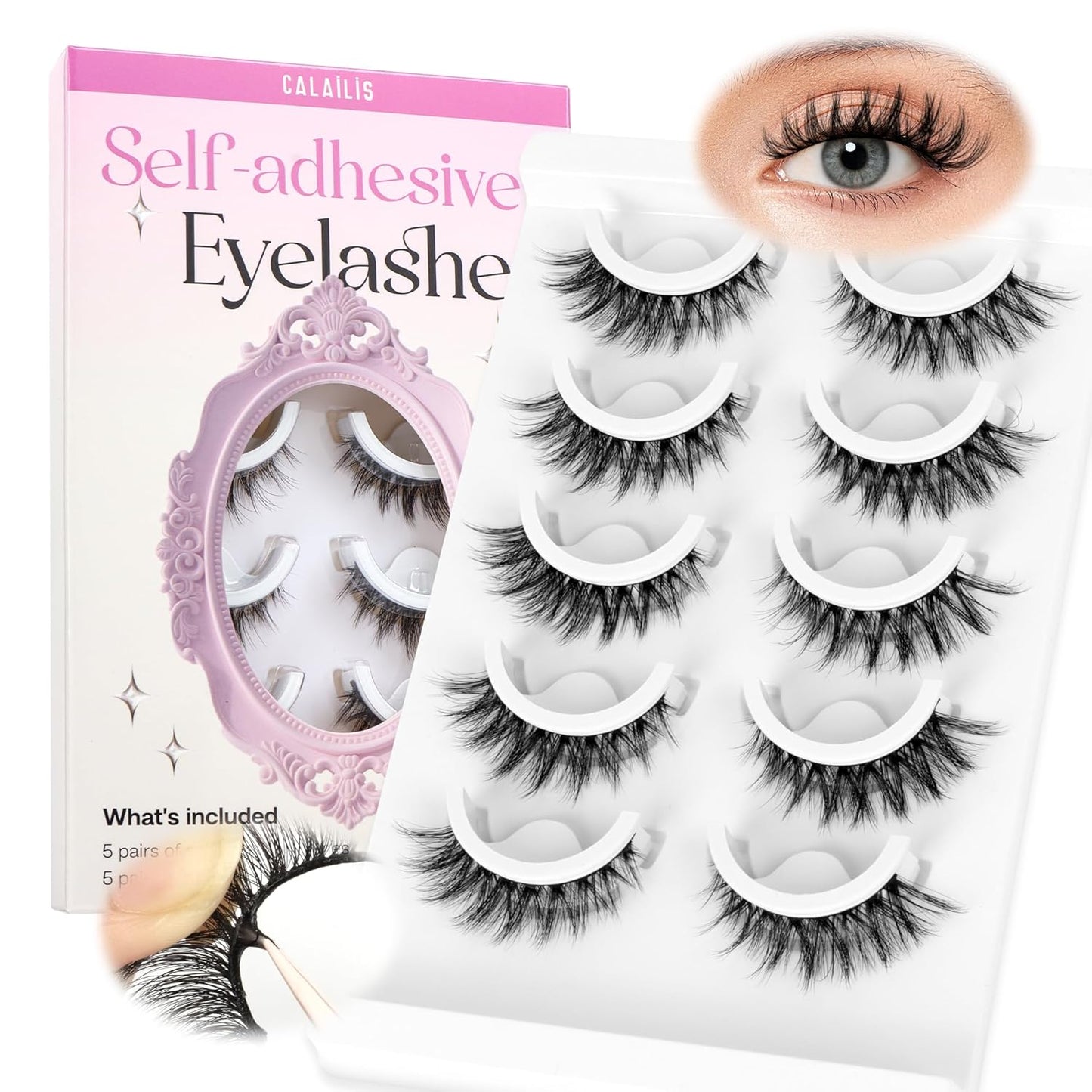 CALAILIS Self Adhesive Eyelashes 5 Pairs Natural Look Press On Lashes No Glue Need Eyelashes Reusable Cat Eye Wispy Self-adhesive False Lashes with Replacement Adhesive Strips (C105)-FemmiqueWomen