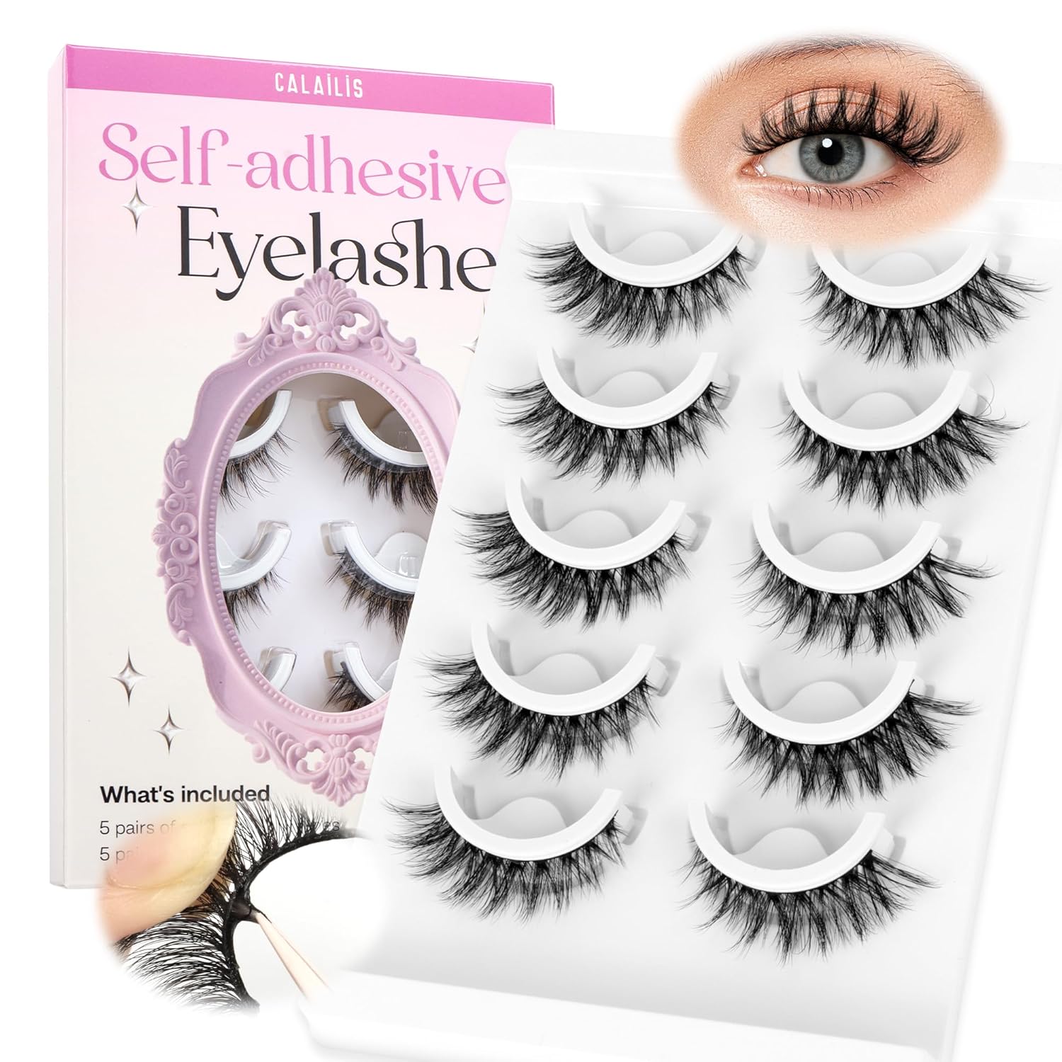 CALAILIS Self Adhesive Eyelashes 5 Pairs Natural Look Press On Lashes No Glue Need Eyelashes Reusable Cat Eye Wispy Self-adhesive False Lashes with Replacement Adhesive Strips (C105)-FemmiqueWomen