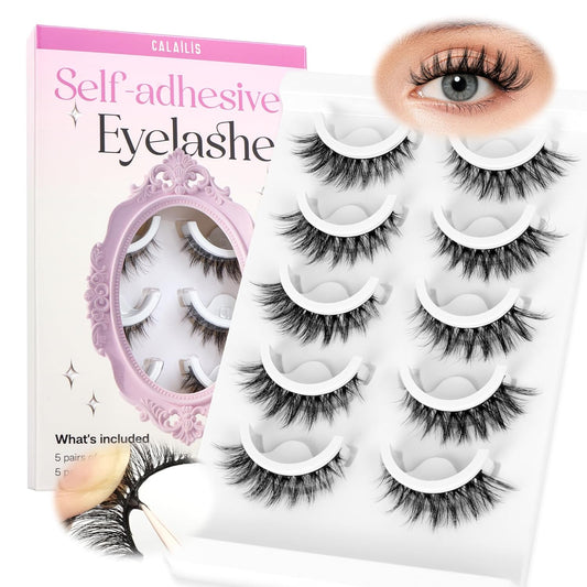 CALAILIS Self Adhesive Eyelashes 5 Pairs Natural Look Press On Lashes No Glue Need Eyelashes Reusable Cat Eye Wispy Self-adhesive False Lashes with Replacement Adhesive Strips (C105)-FemmiqueWomen