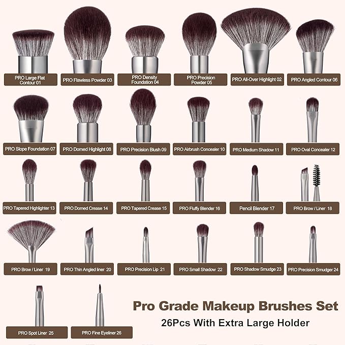 Bueart Design 26 Pcs Chocolate-colored Gift Makeup Brushes Set with Extra Large Holder,Elegant Make up Brushes for Foundation,Face Blending Powder, Contour, Highlight, Concealer, Eyeshadow-FemmiqueWomen