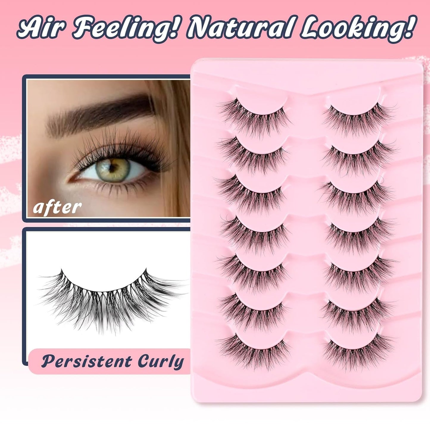 Natural Cat Eye Lashes Wispy Eyelashes 14mm Lightweight False Eyelashes 3D Volume Natural Strip Lashes 0.1mm Thin Cotton Band Lashes Pack C Curl Soft Lashes 7 Pairs Siligli-FemmiqueWomen