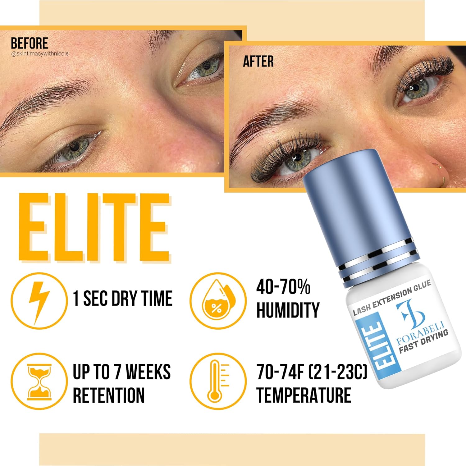 Forabeli Elite Eyelash Extension Glue - 1 Sec Fast Dry, 7 Week Retention, Maximum Bonding Power, Black Lash Adhesive for Professional Use-FemmiqueWomen