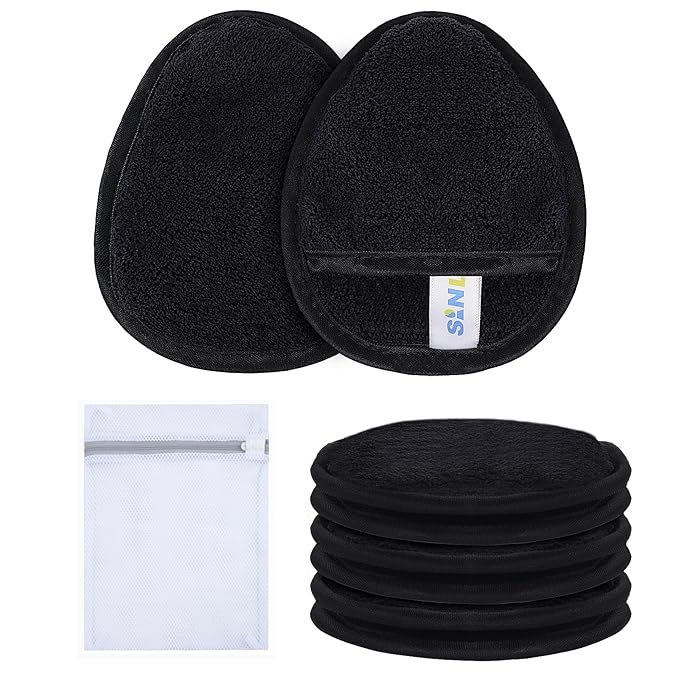 SINLAND Reusable Makeup Remover Pads For Face,Eye,Lips Microfiber Gentle Facial Cleansing Cloths for All Skin Types Friendly for Makeup Remover With Laundry Bag Black Pack of 6-FemmiqueWomen