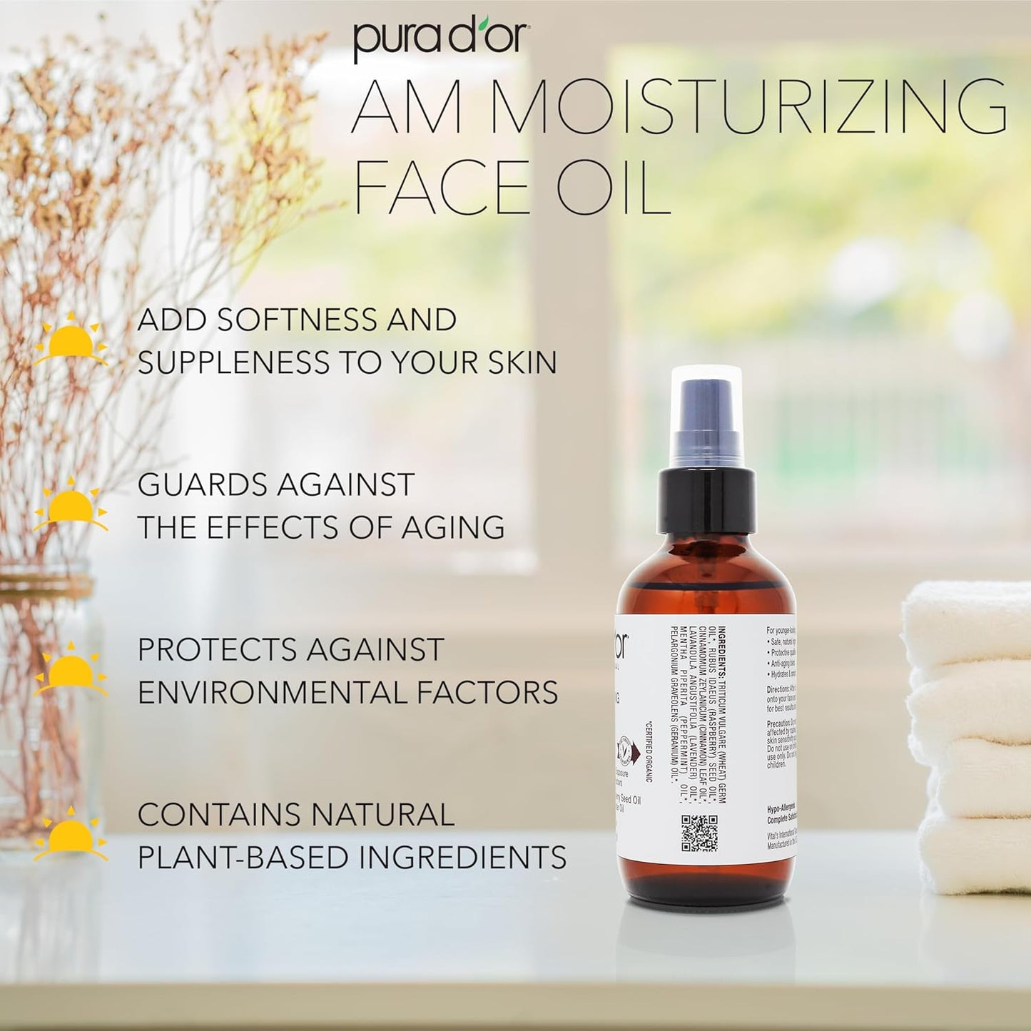 PURA D'OR 3.3 Oz ORGANIC AM Moisturizing Face Oil - Morning Glow Hydrating Skincare -Lightweight Moisturizer for Glowing Skin - All Natural, Vegan, Paraben-Free - Women & Men-FemmiqueWomen