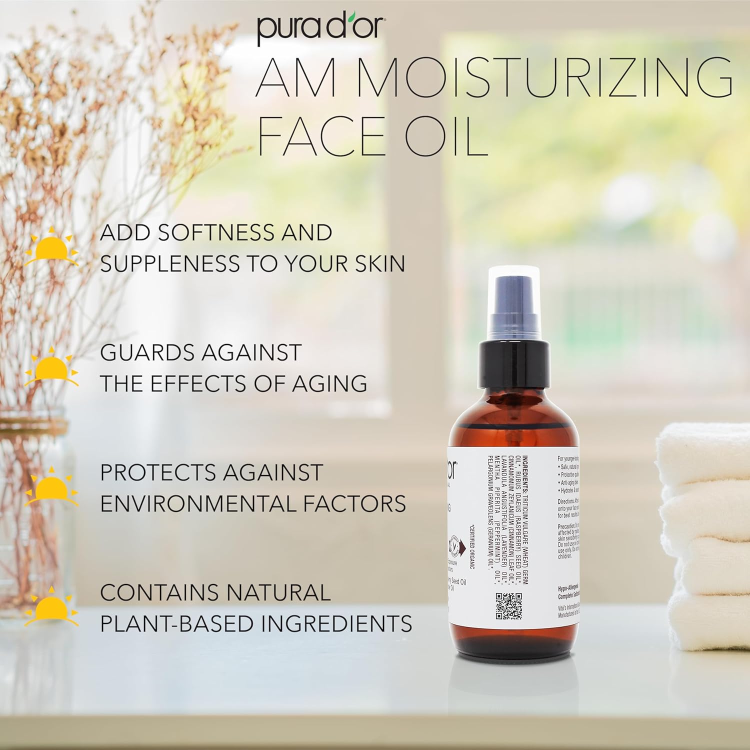 PURA D'OR 3.3 Oz ORGANIC AM Moisturizing Face Oil - Morning Glow Hydrating Skincare -Lightweight Moisturizer for Glowing Skin - All Natural, Vegan, Paraben-Free - Women & Men-FemmiqueWomen