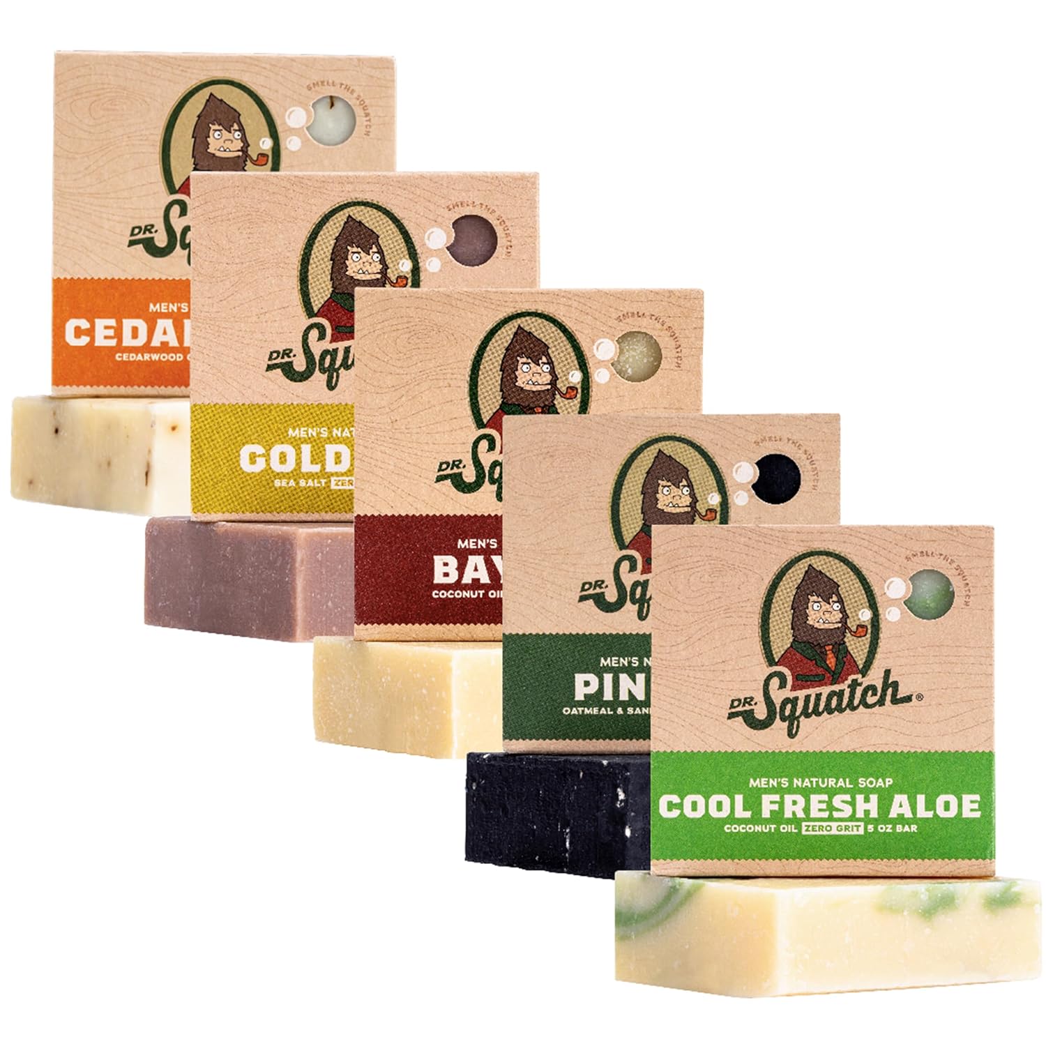 Dr. Squatch Natural Bar Soap for Men - Cold Process Soap with No Harsh Chemicals - Cool Fresh Aloe, Cedar Citrus, Gold Moss, Pine Tar & Bay Rum (5 oz, 5-Pack)-FemmiqueWomen