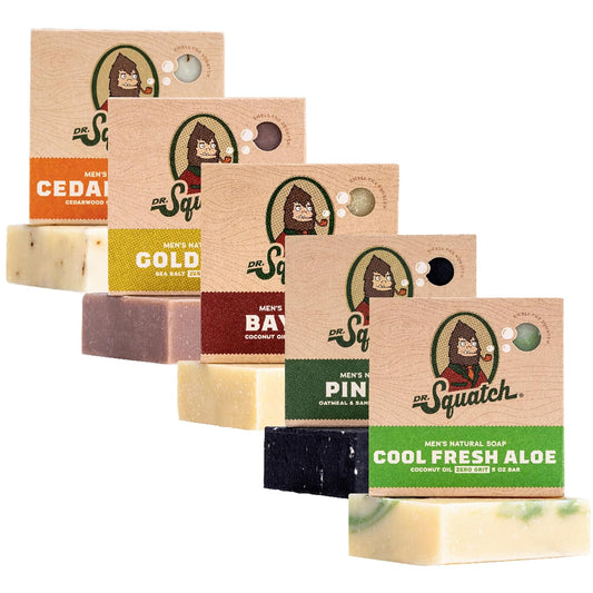 Dr. Squatch Natural Bar Soap for Men - Cold Process Soap with No Harsh Chemicals - Cool Fresh Aloe, Cedar Citrus, Gold Moss, Pine Tar & Bay Rum (5 oz, 5-Pack)-FemmiqueWomen