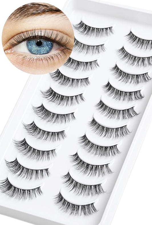 Lashes Wispy False Eyelashes Cat Eye Lashes Natural Look 3D Volume Fake Eyelashes Thin Band Lashes 12mm Natural Eye Lashes C Curl Siligli Lashes Pack 10 Pair-FemmiqueWomen