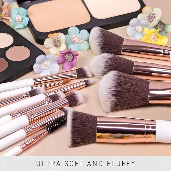 Niré Beauty White 15piece Award Winning Professional Makeup Brush Set: Vegan Makeup Brushes with Case, Makeup Sponge, Cleaner, Guide, Gift Box-FemmiqueWomen