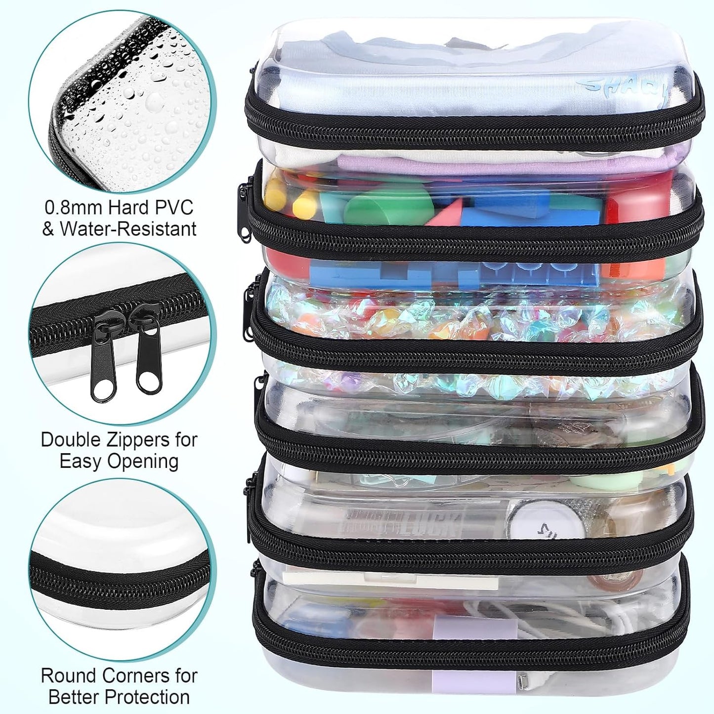 Sanwuta 6 Pcs Clear Hard Zipper Case Pencil Pouches Hard Plastic Zipper Pouches Makeup Bag Transparent Cases for Snacks Plastic Storage Organizer Box for Travel(Black,7.87 x 5.9 x 2 Inch)-FemmiqueWomen