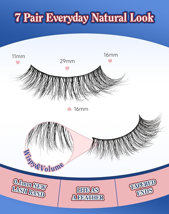 Natural Lashes Wispy False Eyelashes Strip Flared Natural Look Eyelash CatEye Lash Soft Lashes Fluffy Mink Eyelash Pack 7 Pairs 16MM D76-FemmiqueWomen
