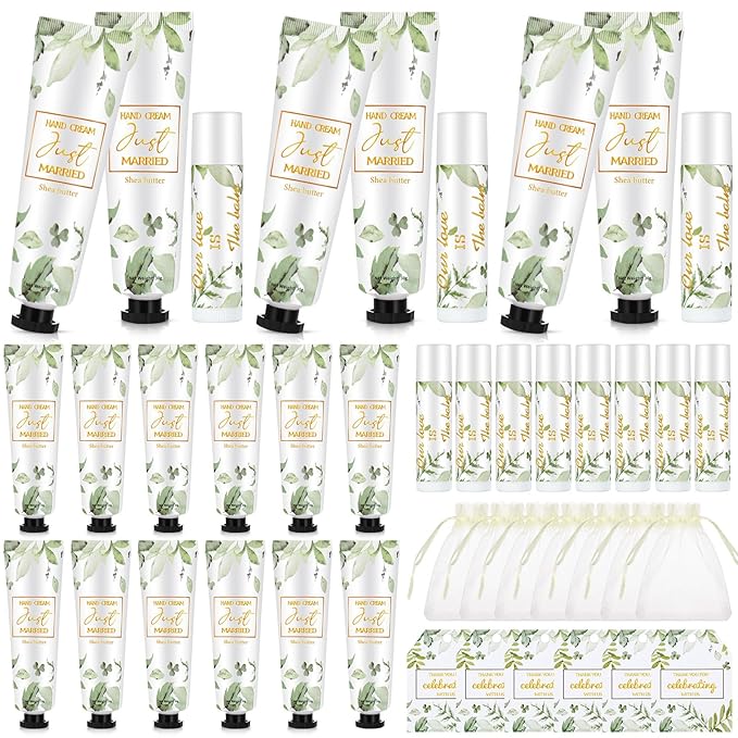 25 Set Wedding Lip Balms and Hand Cream Gift Set Include 25 Moisturizing Hand Care Cream 25 Lip Balms with Thank You Cards and Bags Bridesmaid Gift Set for Bridal Shower Wedding(Greenery)-FemmiqueWomen