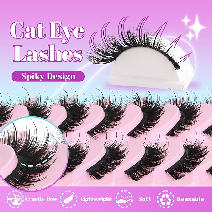 Losha Lashes Fluffy False Eyelashes 10 Pairs Spiky Cat Eye Lashes Kit with Lash Glue and Lash Tweezers 3D Volume Fake Eyelashes Soft Faux Mink Lashes Pack (Bold)-FemmiqueWomen