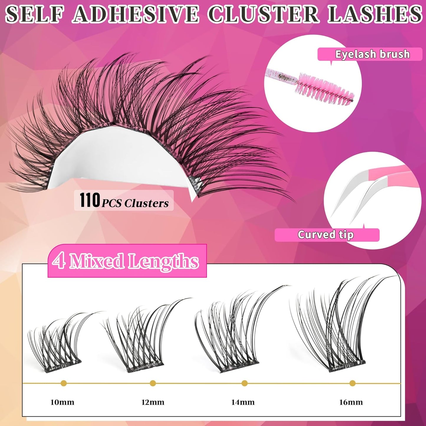 Self Adhesive Eyelashes Clusters Kit Lash Clusters DIY Eyelashes Pre Glued Lashes Extensions No Glue Needed lash Clusters D Curl Individual Lashes(A02,10-16mm,110Pcs)-FemmiqueWomen