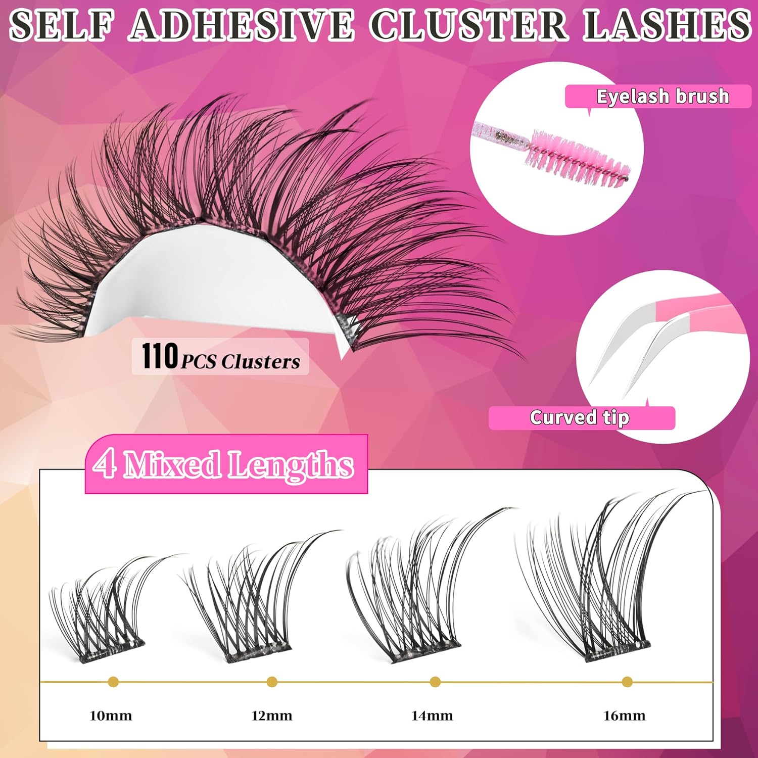 Self Adhesive Eyelashes Clusters Kit Lash Clusters DIY Eyelashes Pre Glued Lashes Extensions No Glue Needed lash Clusters D Curl Individual Lashes(A02,10-16mm,110Pcs)-FemmiqueWomen