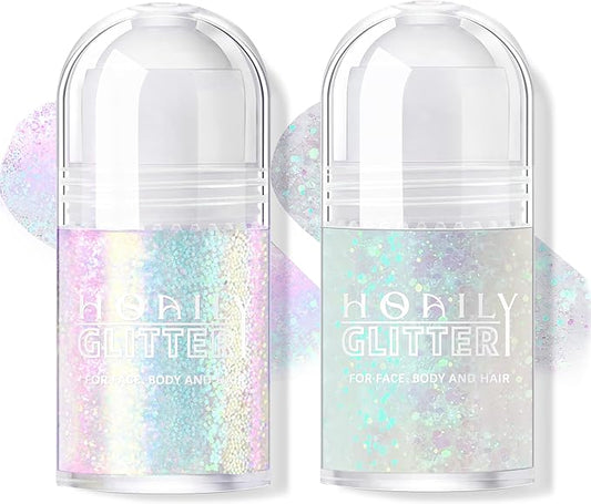 2 Colors Roll-on Body Glitter Gel, Holographic Glitter Gel Under Light for Face Hair, Body Shimmer for Rave Accessories Christmas New Year Halloween Makeup (8+11)-FemmiqueWomen